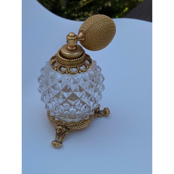 Vtg Atomizer Perfume Bottle Ormolu Gold tone vanity Clear Diamond Pattern - Picture 2 of 8